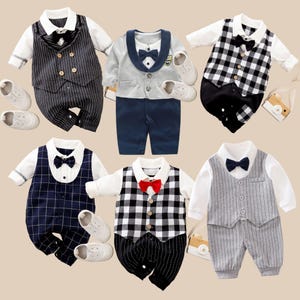 May include: Six baby formal outfits are displayed, each with a different design. The outfits include a white collared shirt, a vest, a bow tie, and matching pants. Some outfits have pinstripes, plaid, or solid colors. White shoes are also included.