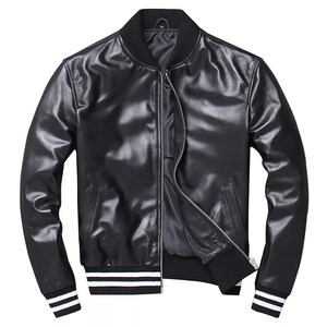 Men&#39;s Black Sheepskin Leather Bomber Jacket – Lightweight Varsity Style