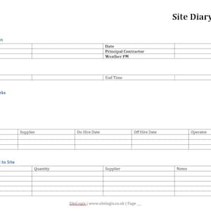 May include: A Site Diary Report template with a white background. The document includes sections for project information, times of work, description of works, plant on site, and material imported to site. The document has a logo placeholder.
