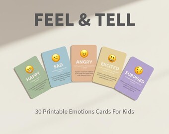 May include: A set of five emotion cards with the words "HAPPY", "SAD", "ANGRY", "EXCITED", and "SURPRISED". Each card has a corresponding emoji and a description. The text "FEEL & TELL" is at the top, and "30 Printable Emotions Cards For Kids" is at the bottom.