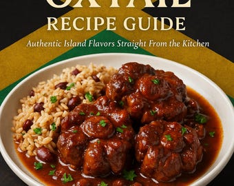 May include: A cookbook cover with the title "Jamaican Oxtail Recipe Guide" against a backdrop of the Jamaican flag. A white bowl contains oxtail stew and rice with beans. The author's name, "Laxuqsha," is at the bottom.