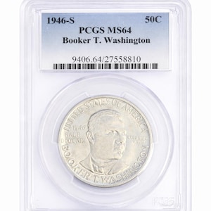 May include: A silver 1946-S Booker T. Washington half dollar coin, graded PCGS MS64, in a clear protective case. The coin shows a portrait and the words "United States of America."