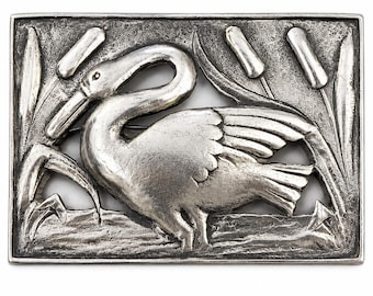 Brosche aus 925er Silber, Schwan im Rohrkolbendesign auf der Vorderseite