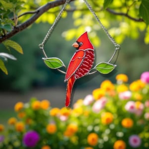 Atrapasol Cardenal Rojo de Vitral – Adorno de Pájaro para Ventana – Arte de Vidrio Hecho a Mano – 7 x 15 cm – Regalo de Decoración Natural para Amantes de la Jardinería