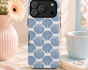 Shell Patterned iPhone Case, Blue Beach Design, Tough Phone Cover, Protective case, Coastal Theme