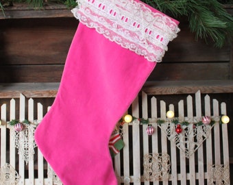 Vintage PINK VELVET STOCKING, Pink Velvet and Lace Stocking, Baby Girl Stocking, Babys First Christmas Stocking, Girl Stocking