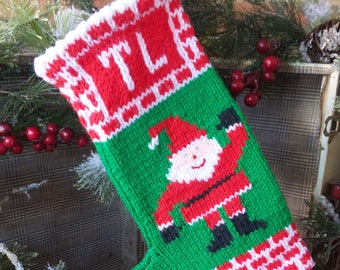 Vintage Christmas Stocking, Handmade SANTA Stocking, TL Initials, Red Green White Stocking, 80s style stocking, Stranger Things style