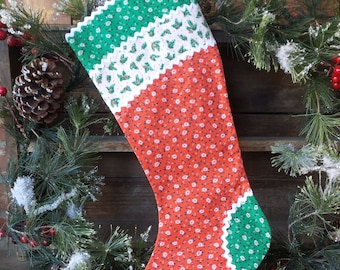 Vintage Christmas STOCKING, Patchwork Red and Green Vintage Christmas Stocking, Farmhouse Style Christmas, Handmade Stocking