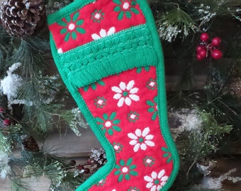 Vintage Retro Flower Stocking, Red and Green Flower Stocking, Boho Flower Child Stocking, Christmas Stocking