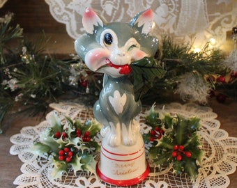 Kreiss Cat Bell, Christmas Cat, Cat with Holly in Mouth Bell, Vintage Christmas Decor, Cat Collector Lover Gift, Kreiss Cat Figurine