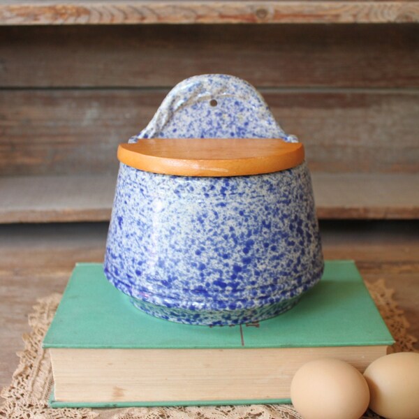 Vintage SALT CROCK with Wood Lid, Country Life By Emporium of Maine Salt Box, Salt Cellar, Blue and White Splatter Stoneware Salt Crock