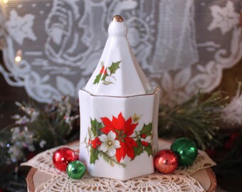 Vintage Christmas JAM JAR, Poinsettia and Rose Jam Jar, Jelly Jar, Sugar Bowl, Christmas Tea Accessories