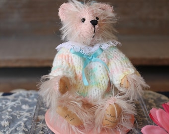 Earlene Vaughn OOAK Mohair Bear, Handmade Miniature Bear, Pink Mohair Bear, Bear Collector Gift, Artist Collectible Bear, Mini Mohair Bear