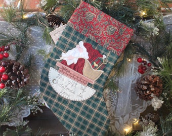 Applique Santa Stocking, Valorie's Folk Art Applique Christmas STOCKING, Primitive Rustic Style Stocking, Farmhouse Christmas Stocking