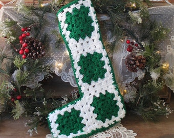 Vintage GRANNY SQUARE STOCKING, Crocheted Stocking, Green and White Stocking, Retro Stocking, 70s Stocking, Sweater Stocking