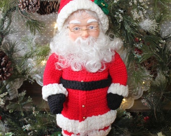 Vintage SANTA Doll, Handmade Crocheted Santa, 16' Santa Claus with Red Crocheted Coat, St. Nick Doll, Vintage Christmas Decoration
