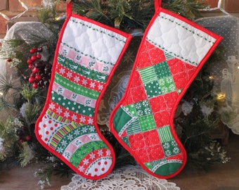 Vintage CHRISTMAS STOCKING Set, Farmhouse Style Stocking, Handmade Red, Green and White Stocking Set, "Quilted" Stocking, Handmade Stocking