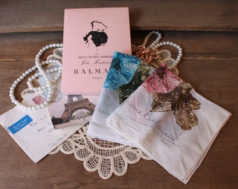 Balmain Paris Handkerchief Set in Pink Box, Pierre Balmain Handkerchief, Rose Floral Handkerchief, Les Mouchoirs Imprimes Jolie Madame