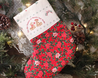 Vintage TEDDY BEAR STOCKING, Handmade Bear Stocking, Farmhouse Style Christmas Stocking, Holly and Poinsettia Stocking