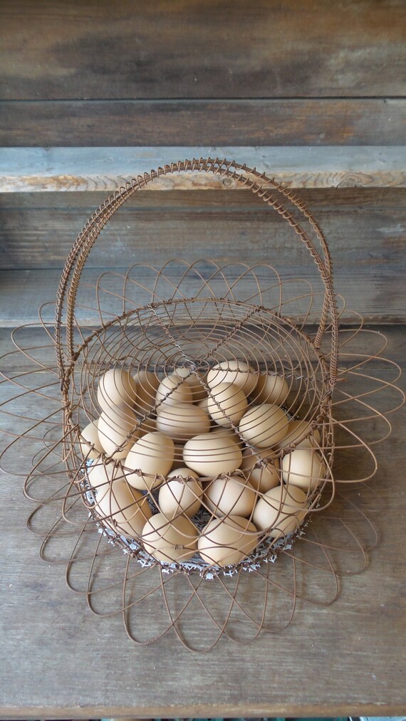 Vintage Large Wire Egg Basket Round Egg Basket With Handle Etsy