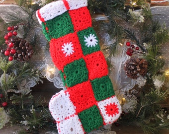 Vintage GRANNY SQUARE STOCKING, Crocheted Stocking, White Red and Green Stocking, Retro Stocking, 70s Stocking, Sweater Stocking