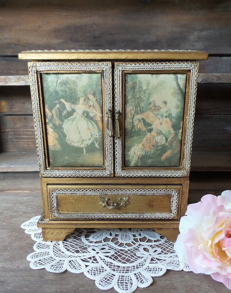 Gold Florentine Jewelry Chest Vintage FLORENTINE Musical JEWELRY BOX With 4 Drawers Italy Gesso Florentine Jewelry Box,Musical Jewelry Box