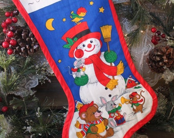 Vintage Handmade Santa and Snowman Stocking, Santa Stocking, Snowman Stocking, Two Sided Stocking, Childs Stocking, Vintage Stocking