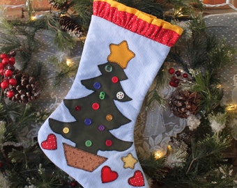 Christmas Tree STOCKING, Appliqued Hearts and Stars Christmas Stocking, Handmade Applique and Button Stocking,Farmhouse Christmas Decoration