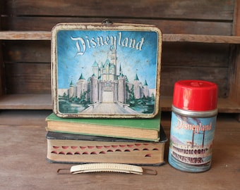 DISNEYLAND Castle LUNCH BOX with Thermos by Aladdin, 1957 Disneyland Metal Lunchbox, Jungle Ride Lunch box, Aladdin Industries Lunch Box