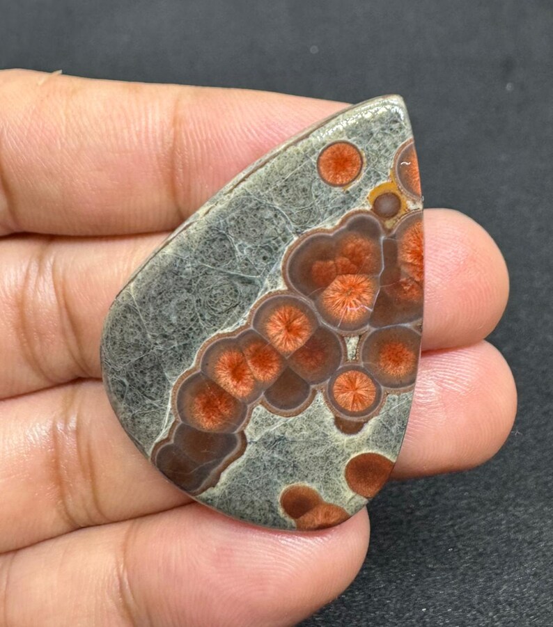 May include: A polished, teardrop-shaped gemstone with a unique pattern. The stone features a gray base with intricate brown and orange circular designs. The orange centers have a starburst pattern, creating a striking visual contrast. The stone is held in a hand.