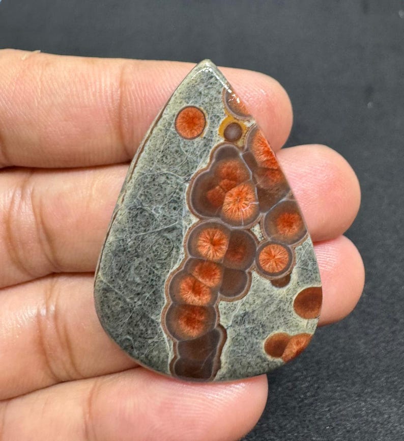 May include: A teardrop-shaped gemstone with a gray base and a pattern of reddish-orange and brown circular formations. The stone has a polished surface and is held in a hand.
