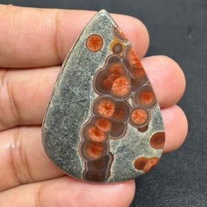 May include: A teardrop-shaped gemstone with a unique pattern. The stone features a gray base with brown and orange circular patterns. The polished surface highlights the natural variations in color and texture, making it a striking piece for jewelry or collection.