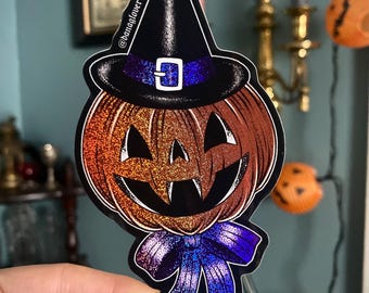 Halloween Witch Jack-o-Lantern glossy vinyl sticker with glitter details