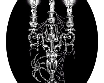 May include: A black and white illustration of a candelabra with three lit candles. The candelabra is decorated with spiderwebs and a spider. The image is set against a black oval background.