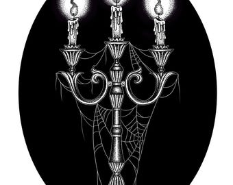 May include: A black and white illustration of a three-armed candelabra with three lit candles. The candelabra is adorned with intricate details and is surrounded by a spiderweb.