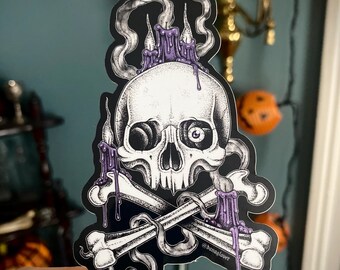Candle Skull glossy vinyl sticker with purple metallic details