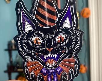 Halloween Clown Cat glossy vinyl sticker with glitter details