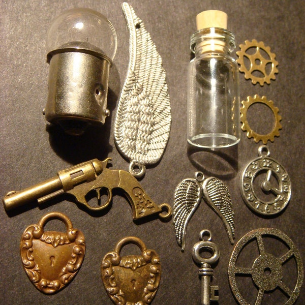 Steampunk Supplies -Wings, Keys, Gears, Pistol, Heart Locks, light bulb, Glass Jar...for Jewelry, Altered Art,  Assemlage, Scrapbooking