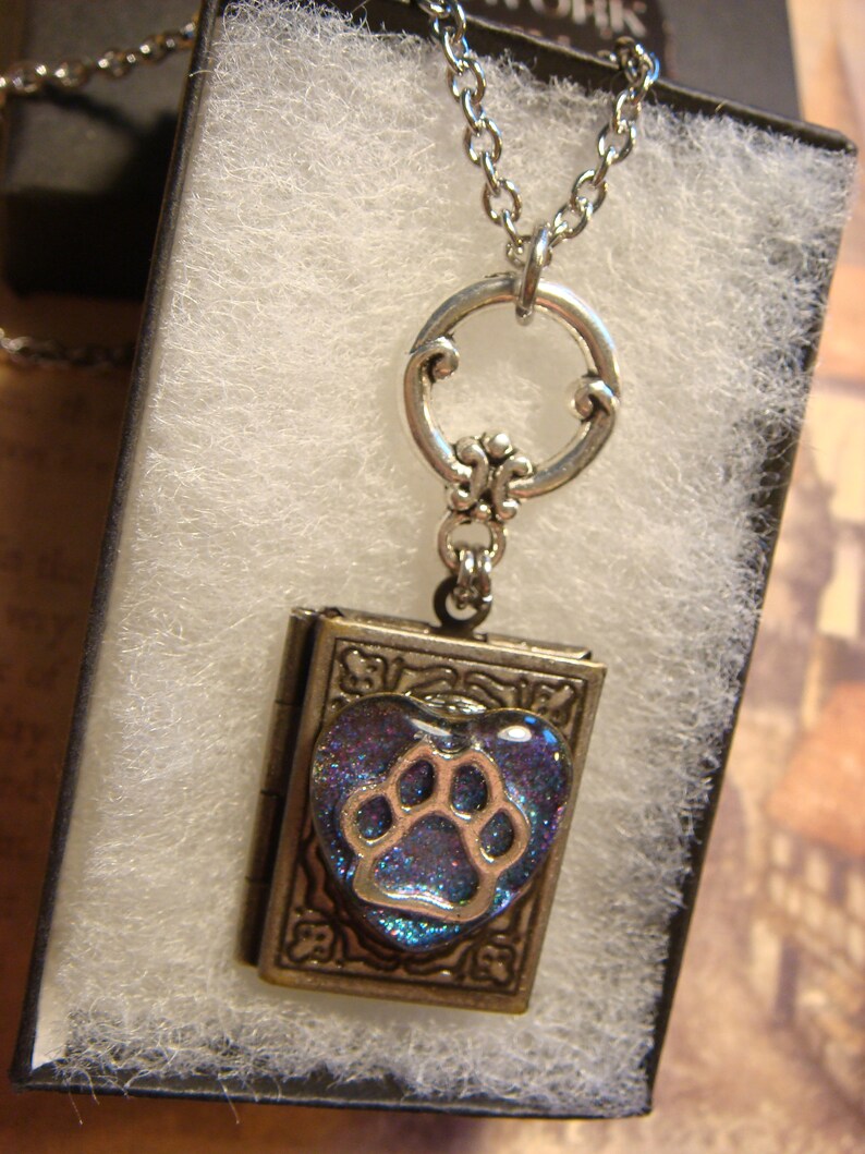 Cat /Dog Paw in Heart Book LOCKET Necklace Holographic Blue Etsy