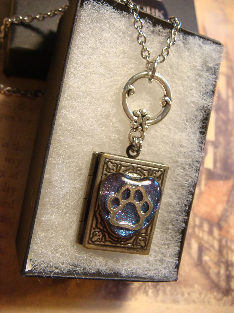 Cat /Dog Paw in Heart Book LOCKET Necklace Holographic Blue Etsy