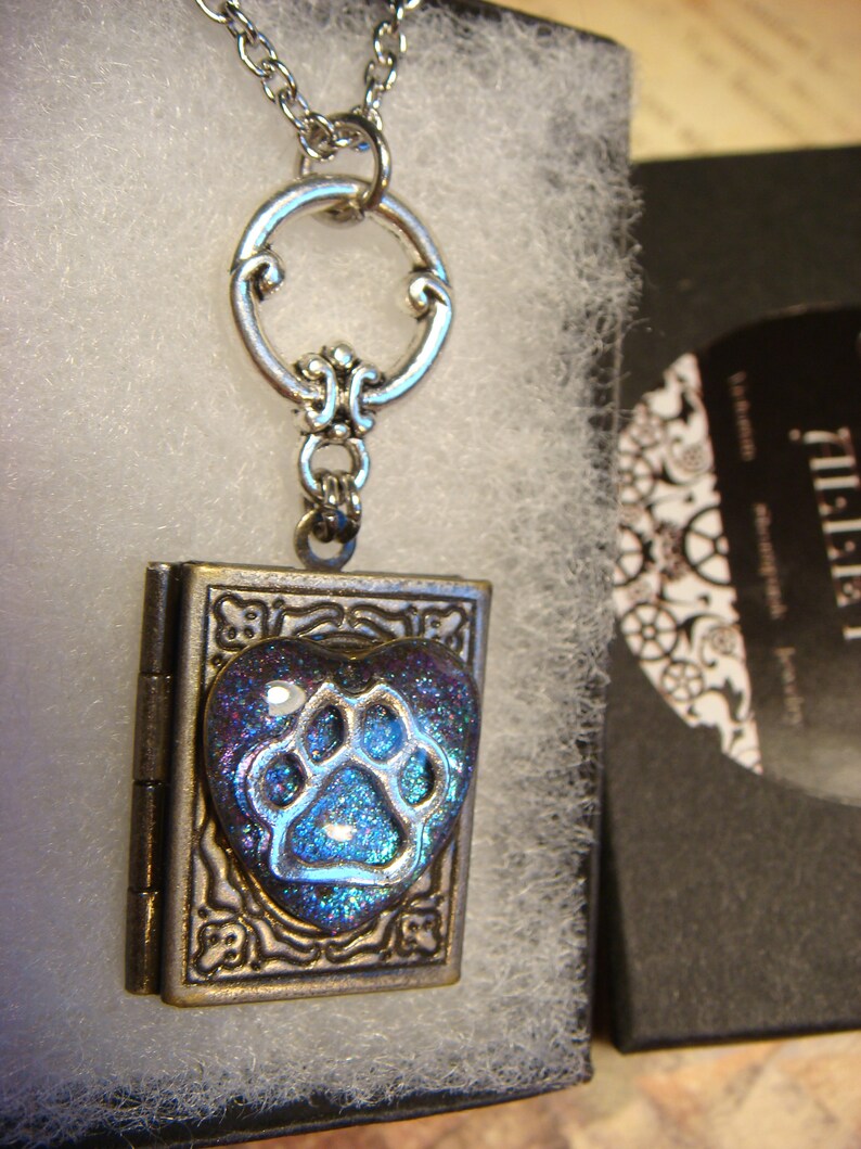 Cat /Dog Paw in Heart Book LOCKET Necklace Holographic Blue Etsy