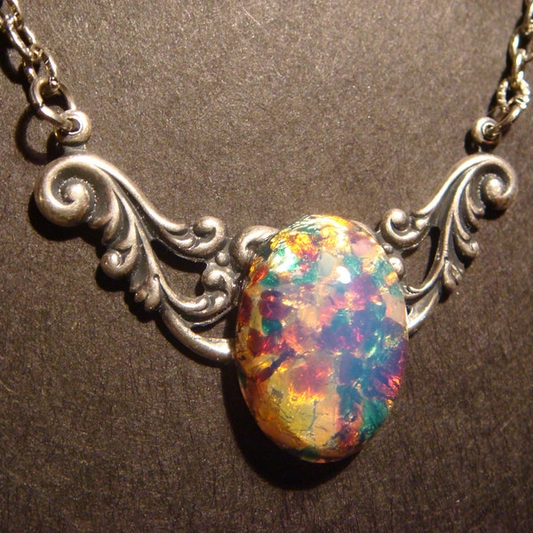 Victorian Style Fire Opal Necklace in Antique Silver (362)