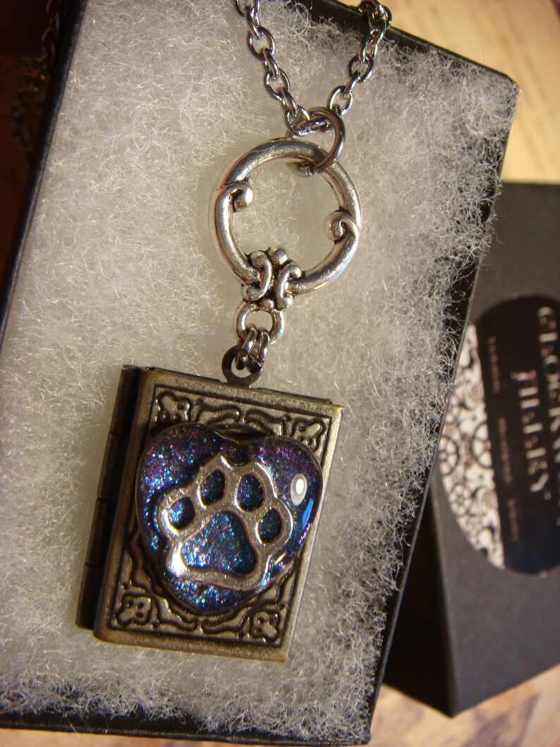 Cat /Dog Paw in Heart Book LOCKET Necklace Holographic Blue Etsy