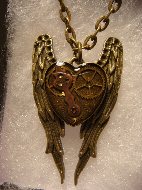 Clockwork Heart On Angel Wings Steampunk Inspired Necklace Antique Bronze 2470