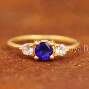 Blue Sapphire Solitaire Ring: 925 Sterling Silver Gold Vermeil