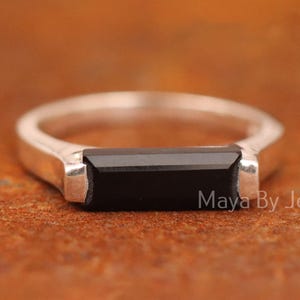 Black Onyx Bar Ring: Baguette Sterling Silver Promise Ring
