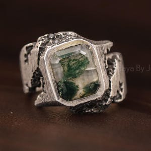 Handmade Moss Agate Signet Ring: 925 Sterling Silver Statement