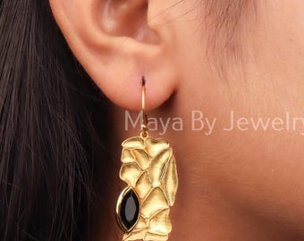 Black Onyx Dangle Earrings: Gold Plated Brass, Handmade