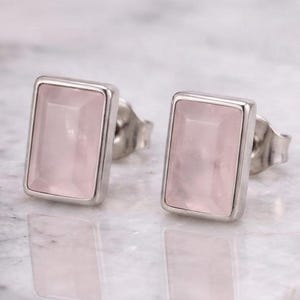 Può includere: Un paio di orecchini a lobo con pietre di quarzo rosa pallido rettangolari e sfaccettate, incastonate in montature di metallo color argento lucido. Gli orecchini hanno chiusure a perno standard e presentano una finitura liscia.
