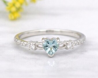 Blue Topaz Heart Ring, 925 Sterling Silver, Dainty Cubic Zirconia Jewelry